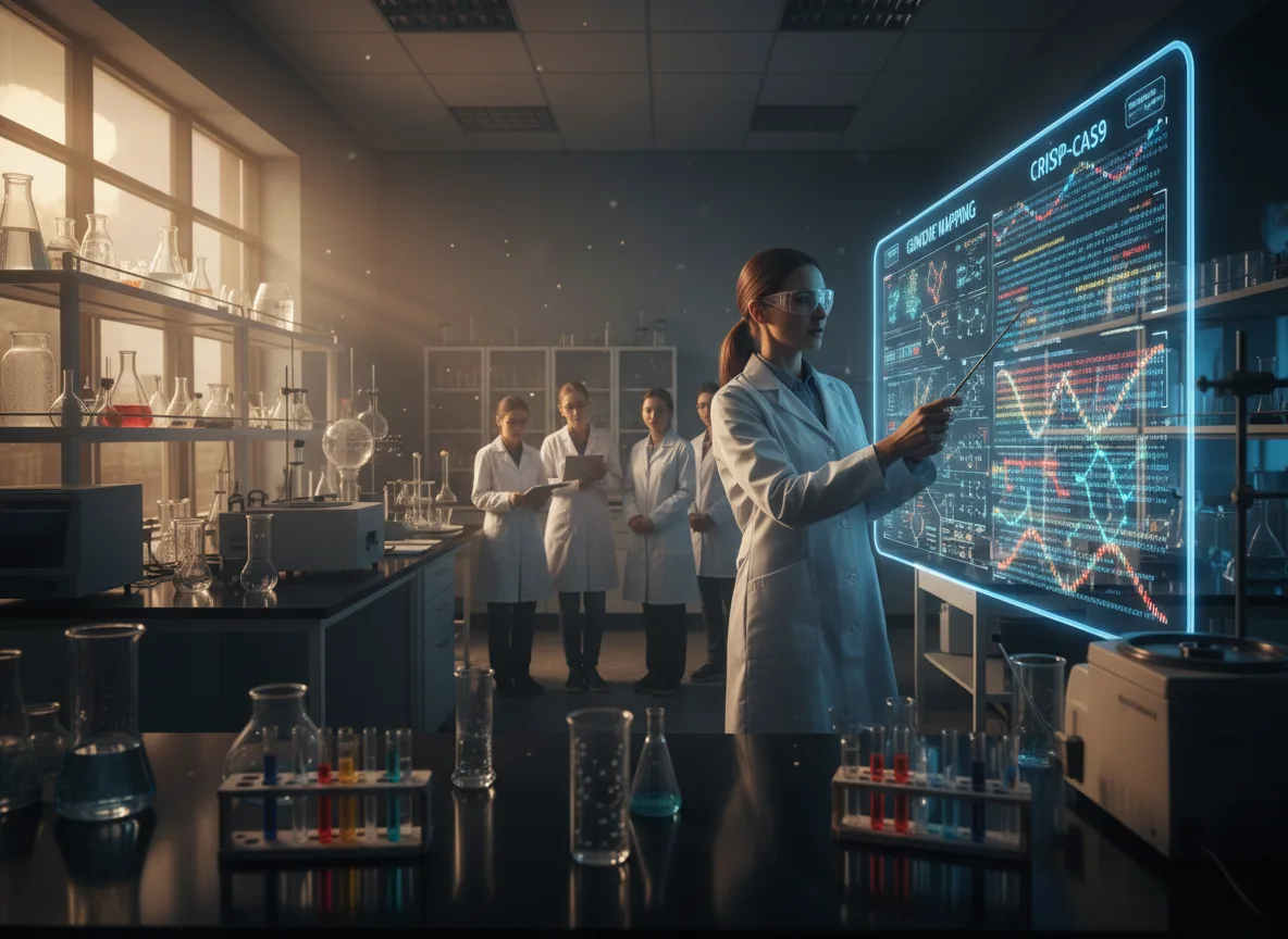 A researcher presenting data on a large interactive display in a laboratory.