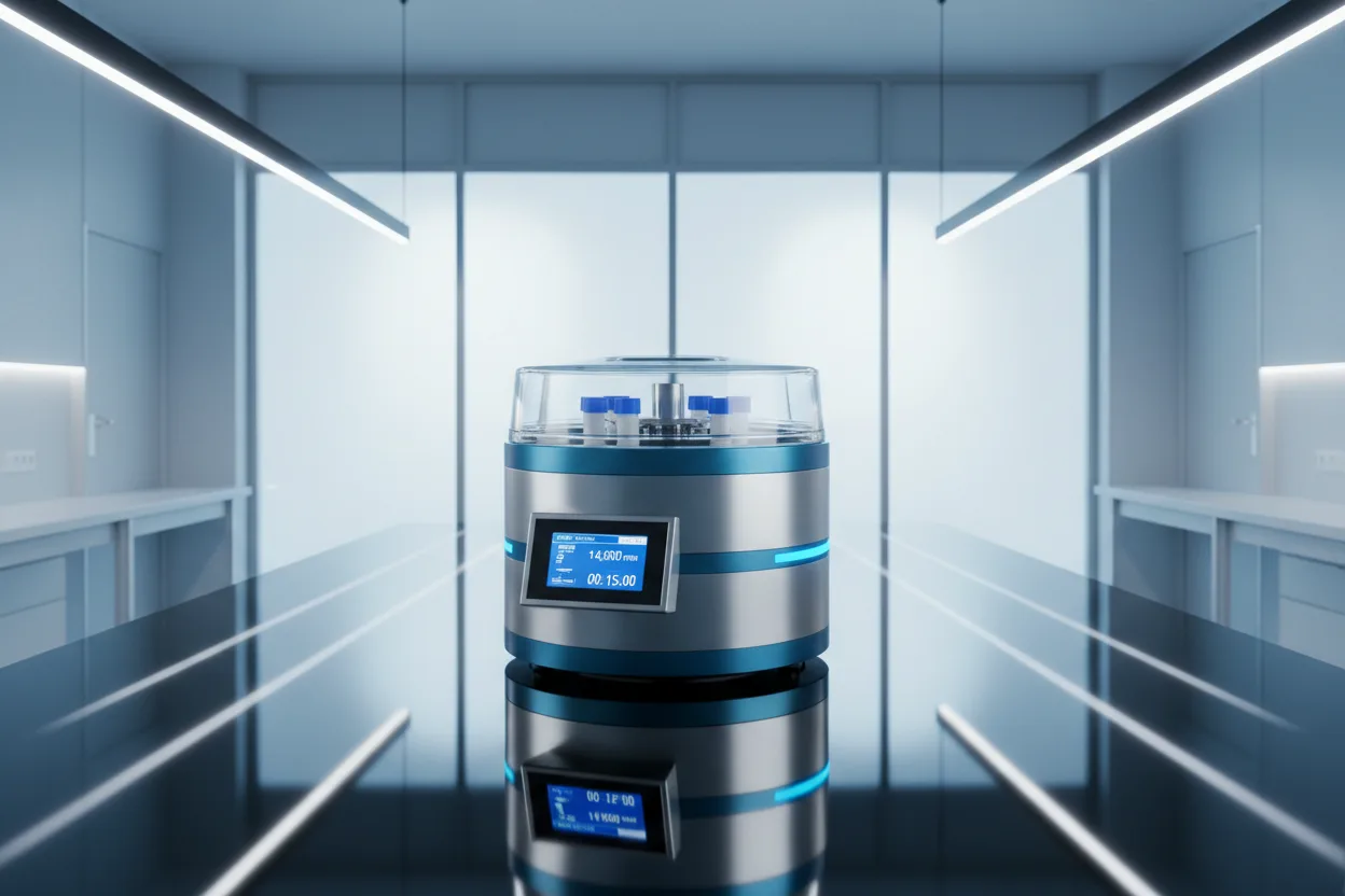A microcentrifuge photographed in a brightly lit laboratory corridor.